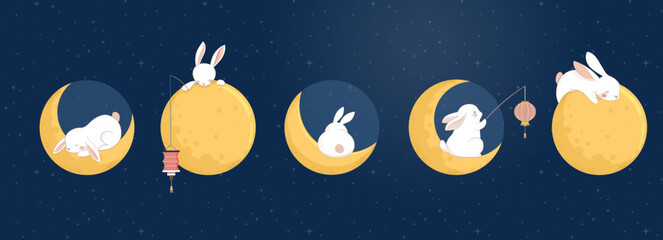 Naklejka premium Mid Autumn Festival Concept Design with Cute Rabbits, Bunnies and Moon Illustrations. Chinese, Korean, Asian Mooncake festival celebration