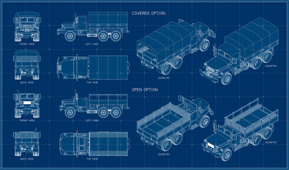 Multi-purpose military truck in three projections. American army truck. US military heavy truck 5 ton 6x6.
