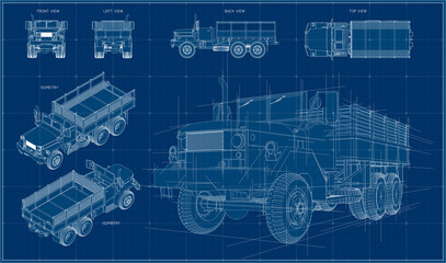 Multi-purpose military truck in three projections. American army truck. US military heavy truck 5 ton 6x6.