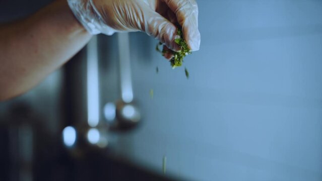 Sprinkling the dish with herbs in slow motion