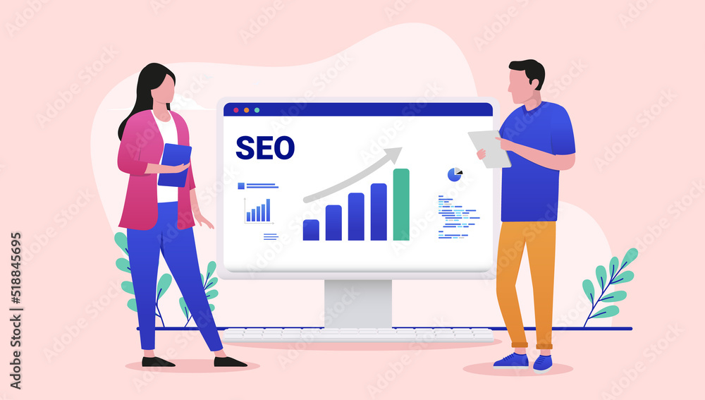 Leinwandbilder SEO analytics work - Man and woman working with search engine optimisation on desktop computer screen. Flat design vector illustration