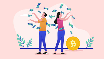 Bitcoin couple - Man and woman making money and getting rich with crypto currency. Vector illustration 