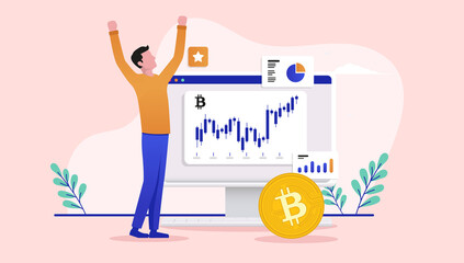Man celebrating Bitcoin price going up - Trader person cheering in front of crypto currency chart on computer screen. Flat design vector illustration