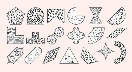 Set of geometric memphis shapes. Abstract simple basic shapes with patterns and textures. Modern design, decorative elements. Vector illustration