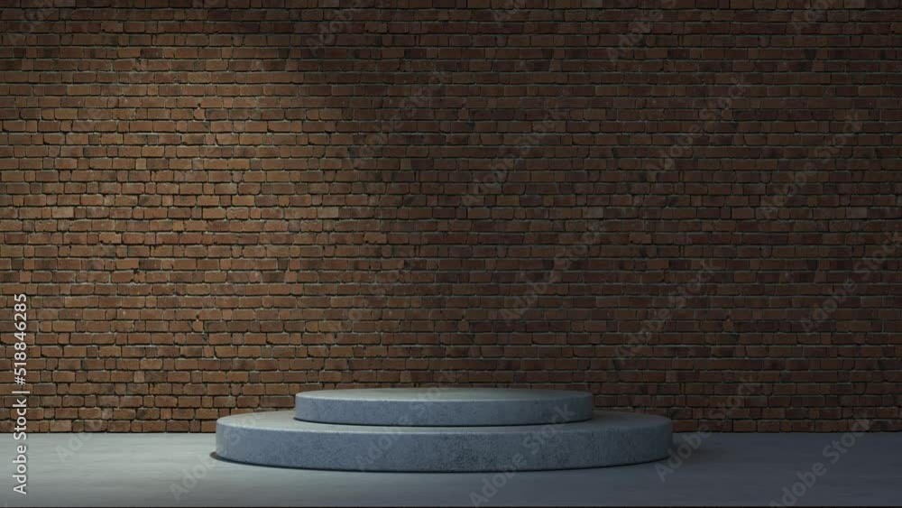 Aufkleber cylindrical stage for product presentation with bricks wall. 3d animation loop.