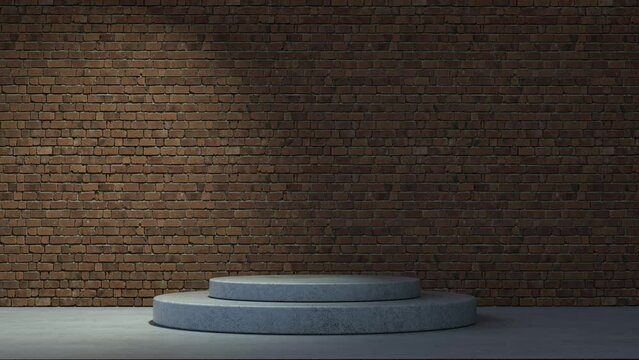 Cylindrical stage for product presentation with bricks wall. 3D animation loop.