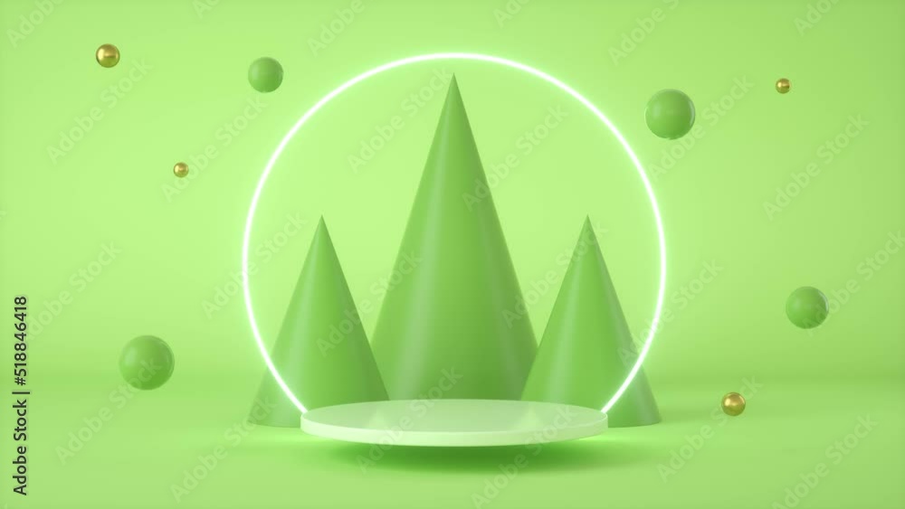 Poster 3d animation loop. green abstract background with a podium and a light ring
