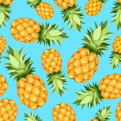 Tropical seamless pattern with pineapple fruit on a blue background. Vector illustration