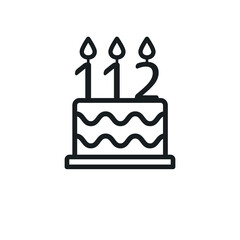 Birthday cake line icon with candle number 112 (one hundred and twelve). Vector.