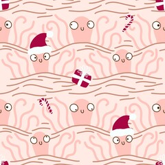 Christmas on the beach seamless cartoon octopus Santa hat pattern for clothes print and wrapping and kids