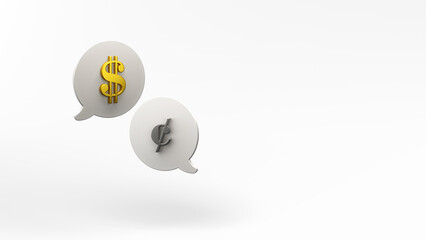 Money talk, chat bubble icon with dollar sign and cents sign isolated on white background. 3d illustration render