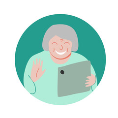 Old woman use tablet for communication with friends or children, vector