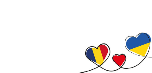 Drei Herzen in den Farben Rot, der Ukraine und Rumänien