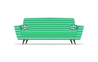 Green sofa and couch colorful cartoon illustration vector. Comfortable lounge for interior design isolated on white background. Modern model of settee icon.