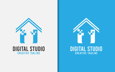 Abstract Digital House Logo Design with Minimalist Concept.