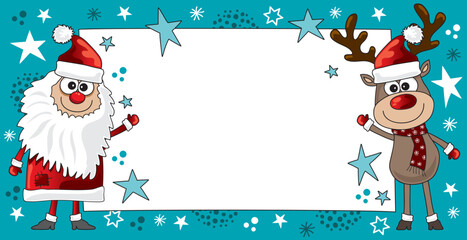 Weihnachtskarte in türkis blau mit lustigem Weihnachtsmann und Rentier mit leeren weißen Plakat zum Personalisieren mit Logo und Werbung für Marketing Aktionen