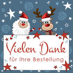 Weihnachtsmann und rentier bedanken sich für die Bestellung im online shop, werbung, marketing, banner, hintergrund