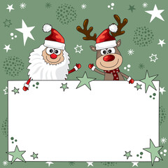 weihnachtlicher Cartoon mit winkendem Rentier und Weihnachtsmann mit leerem Banner für Einladung, Werbung und Marketing Aktionen.