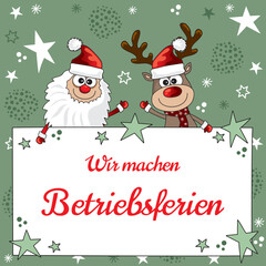 Fototapeta na wymiar Betriebsferien Weihnachten, lustiger Banner für Webseiten mit Rentier und Weihnachtsmann Cartoon
