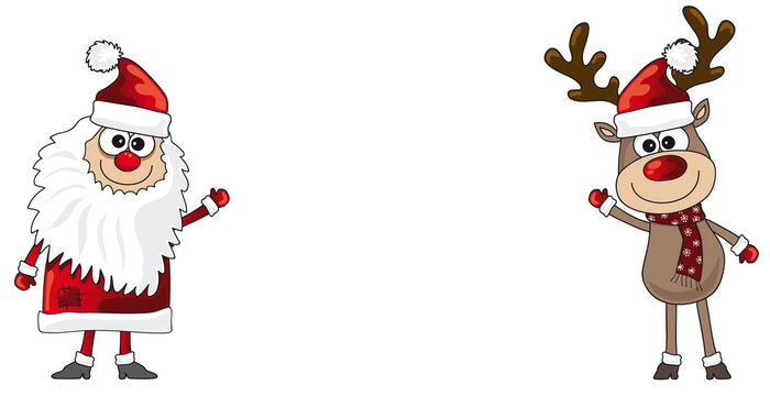 Weihnachtsmann und Rentier winken isoliert auf weißem Hintergrund, Cartoon, Vektor, Illustration