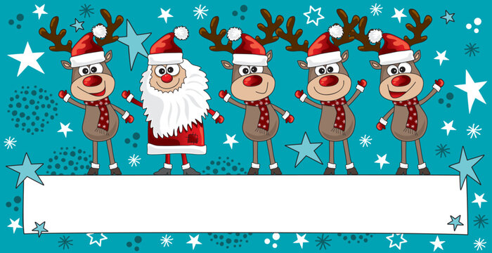 Rentiere und Weihnachtsmann Cartoon für Weihnachtskarte, Werbung, weihnachtliches Marketing