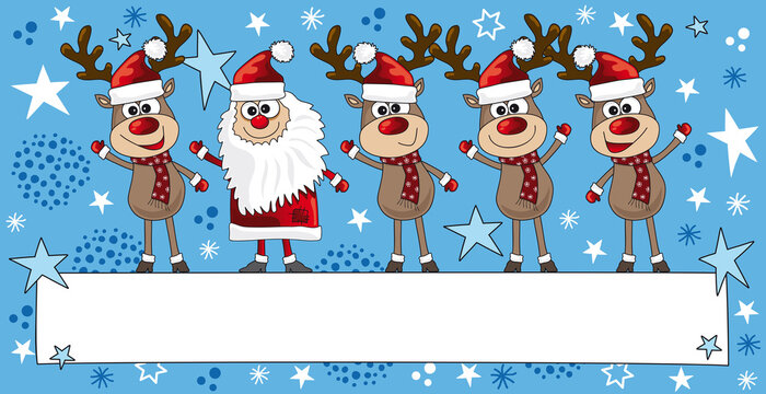 Rentiere und Weihnachtsmann Cartoon für Weihnachtskarte, Werbung, weihnachtliches Marketing