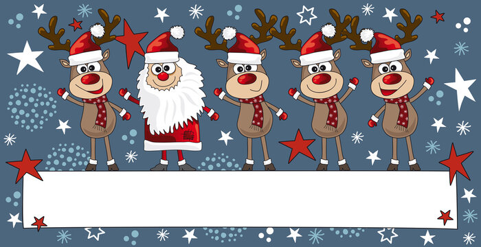 Niedliche Rentiere und Weihnachtsmann, gezeichneter Cartoon mit Sternen Hintergrund in blau mit leerem Banner für Logo, Werbung und Text, Weihnachtskarte und Adventskalender Illustration, CMYK, Druck
