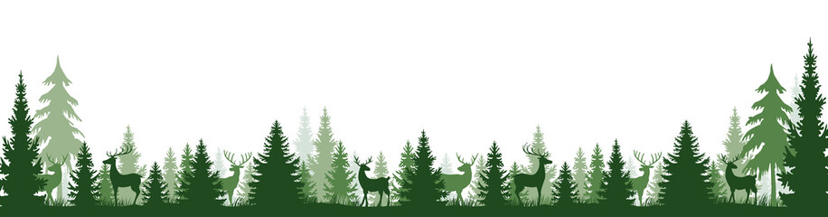 grüne Tannen Wald Landschaft mit Rentieren, Panorama, Waldbaden, isoliert