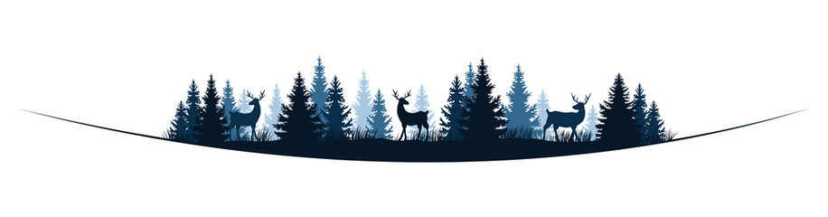 blaue Tannen Wald Landschaft bei Nacht mit Rentieren, Panorama, isoliert - obrazy, fototapety, plakaty