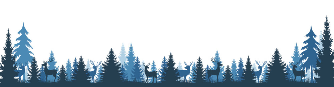 Tannen Wald Landschaft mit Rentieren blau bei Nacht, Panorama, isoliert