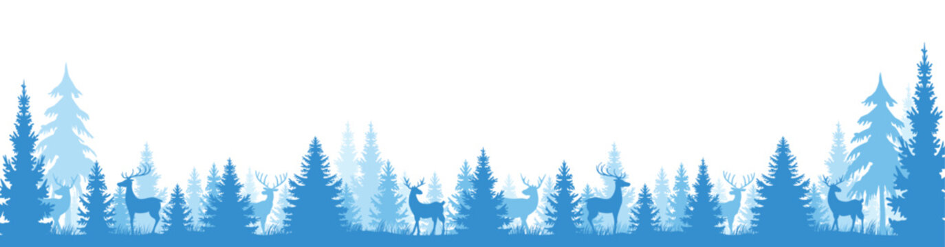 blaue Tannen Wald Landschaft mit Rentieren, Panorama, isoliert