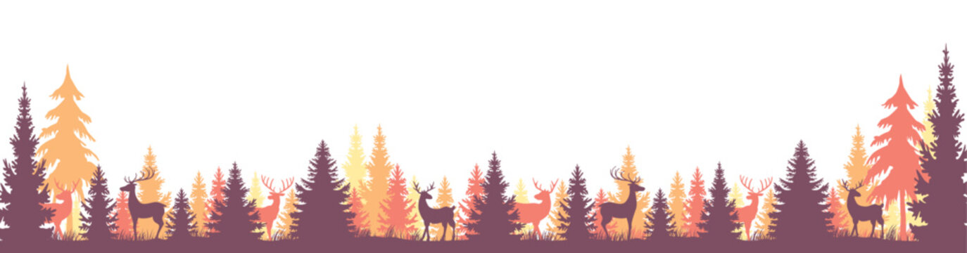 Herbst Tannen Wald Landschaft mit Rentieren, Panorama, isoliert