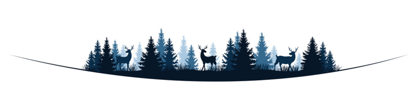 blaue Tannen Wald Landschaft bei Nacht mit Rentieren, Panorama, isoliert