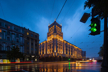 Fototapeta premium evening view of Konstitutcia square in Kharkiv, Ukraine.