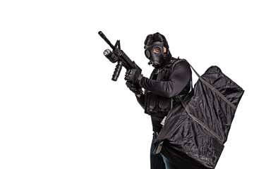 Fototapeta premium robber with a gun and a bag of money isolated on white background