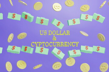 Bitcoin and dollar coin with the words 
