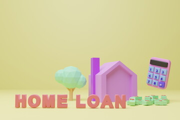 Home building loan business, home building loan, cash, house model, calculator, yellow pastel background, 3d render illustration with soft lights.