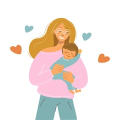 A mother holds her little son in her arms. Loving young woman hugging a child. Mother's Day greeting card template. Parent shows love and care vector isolated illustration. Cartoon flat style.