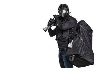 robber with a gun and a bag of money isolated on white background