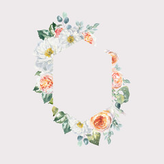 Watercolor floral rose, peony, botanical vintage frame illustration. Flower geometry hexagon wreath, bouquet, greenery, rustic, luxury wedding stationery invitation, shabby chic baby shower printable