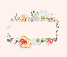 Watercolor floral rose, peony, botanical vintage frame illustration. Flower geometry banner peach wreath, bouquet, greenery, rustic, luxury wedding stationery invitation, shabby chic baby shower diy