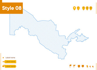 Uzbekistan - grid map isolated on white background. Outline map. Simple line, vector map.