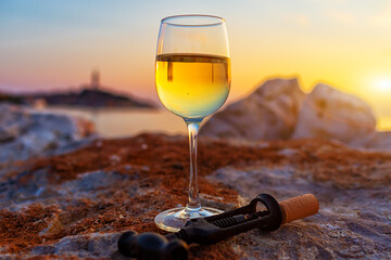 Glass of white wine on the seashore. Rovinj town in the background. Croatia.