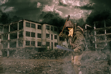 A lonely post apocalyptic survivor in mask wanders through the destroyed city