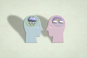 two human heads with clouds and rainbow over brain, happy, sad, depressed, mental health psycho therapy, bipolar concept, therapist and patient, 3D illustration