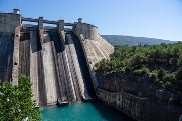 El Grado Dam, Hydro-Electricity Generation, Huesca, Spain, a concrete hydro-electric reservoir dam,...
