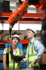 Smart industry robot arms  digital factory technology . Concept of automation manufacturing process...