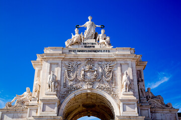 The Rua Augusta Arch seen from Praca do Comercio in city of Lisbon, Portugal