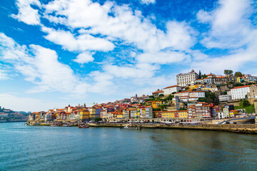 Fototapeta na wymiar Porto, Portugal, old town cityscape and the Douro River, seen from the Dom Lusi bridge