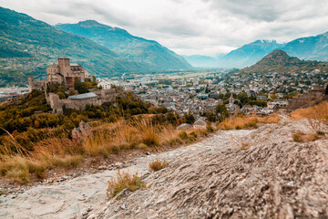 Sion, Switzerland: Panorama of Sion city, Rhone Valley and medieval Valere Basilica seen from...